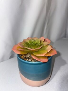 Artificial Succulent in Teal and Peach Ceramic Pot - Green and Peach Plant